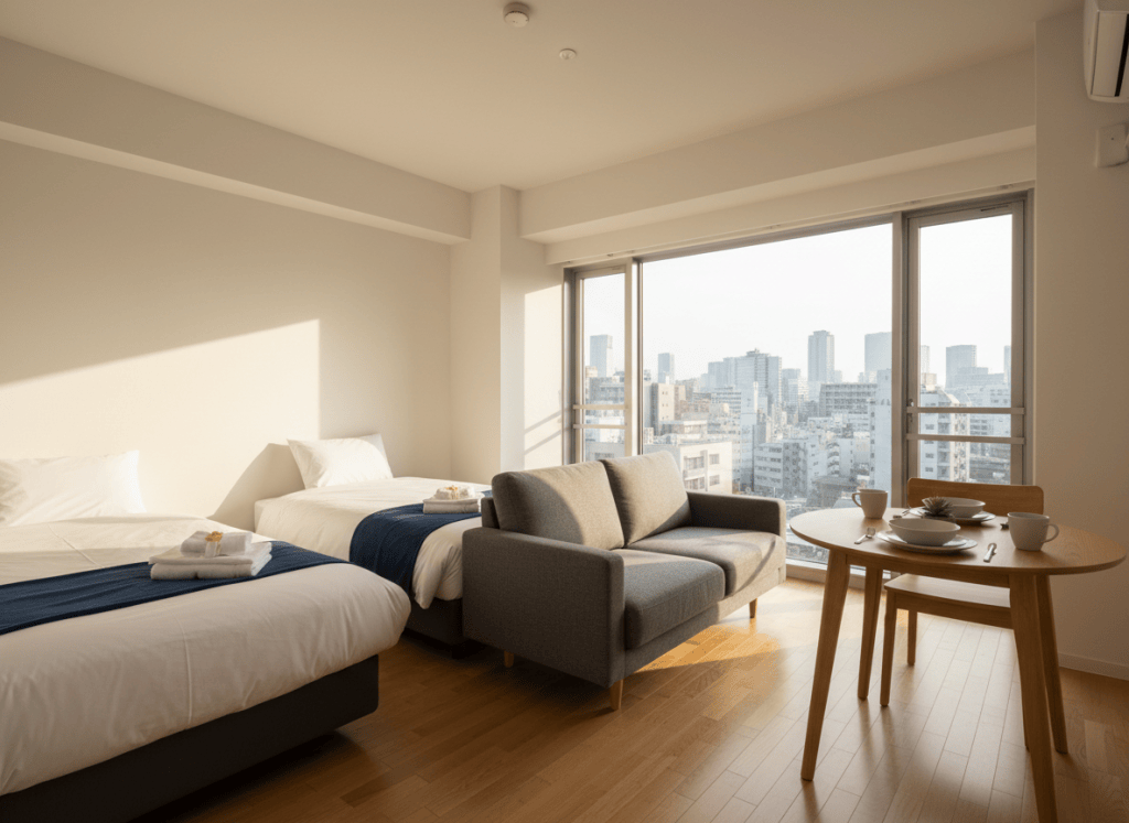 A stylish, sunlit living-dining space of a modern Osaka vacation rental, with neatly made twin beds featuring crisp white linens and deep navy accent throws, a compact gray fabric sofa, and a small wooden dining table set for two with ceramic tableware and a simple green plant. Large floor-to-ceiling windows reveal a soft-focus urban skyline. Afternoon natural light pours in, creating gentle reflections on a light oak floor and soft shadows on smooth white walls. Shot at eye level with photographic realism and a wide angle to show the full room, the atmosphere feels calm, orderly, and professionally managed, ideal for representing high-quality minpaku operations.