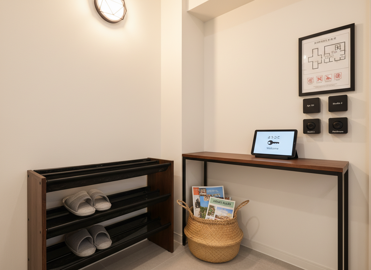 A meticulously prepared guest-ready entry area of a short-term rental, featuring a sturdy dark wood shoe rack, a small console table with a touch-screen self check-in tablet showing a welcome screen in Japanese and English, neatly labeled key lockboxes, and a woven basket holding fresh guidebooks and laminated house rules. The walls are smooth off-white, with a subtle floor plan and emergency exit diagram framed nearby. Warm ceiling lighting and a small wall sconce cast soft, inviting illumination, highlighting clean surfaces and careful organization. Photographed at eye level with a slight diagonal composition to create depth, the scene feels secure, trustworthy, and thoughtfully managed, illustrating seamless guest reception without visible staff in a modern, realistic style.