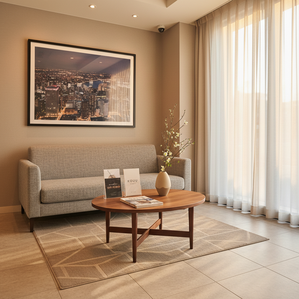 A boutique-style hotel lobby corner used for PR photography, featuring a carefully staged seating area with a low walnut coffee table holding a small stack of curated travel magazines, a branded KOUU STAY brochure stand, and a delicate ikebana arrangement in a minimalist ceramic vase. Behind, a textured light-gray sofa sits against a wall with a large framed photograph of Osaka’s cityscape at dusk. Natural late-afternoon light filters through sheer curtains on the right, mixing with warm recessed ceiling lights to create a soft, inviting glow. Shot with a slightly elevated, wide composition in photographic realism, the scene feels aspirational yet attainable, perfect for marketing high-quality hotel and minshuku properties.