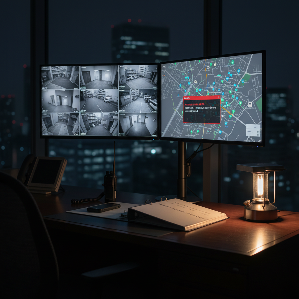 A nighttime emergency response scene focused on a well-organized property management workstation inside a small operations office, featuring multiple wall-mounted monitors displaying building security camera feeds, a digital map of Osaka with property locations highlighted, and an alert window showing an active notification. On the desk below, a neatly arranged radio, backup smartphone, emergency contact binder, and battery-powered lantern rest on a dark wood surface. Cool-toned monitor glow combines with a single warm desk lamp, creating dramatic yet controlled lighting and gentle reflections on the desk. Captured from a three-quarter angle with moderate depth of field, the mood is vigilant, dependable, and reassuring, emphasizing 24/7 emergency support in a polished, realistic photographic style.