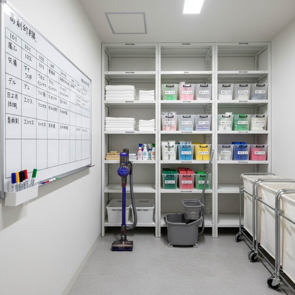 A compact, immaculate cleaning storage room dedicated to a minpaku property, with neatly aligned labeled shelves holding folded white towels, individually wrapped amenities, and color-coded cleaning supplies in transparent bins. A high-quality vacuum cleaner, mop system, and stackable linen carts are arranged with precision on a spotless light-gray floor. A large whiteboard on the wall displays a detailed cleaning schedule and checklist in Japanese with colored markers resting neatly in a tray. Cool, bright LED ceiling lights create even illumination with crisp shadows and a clinical sense of order. Shot straight-on with photographic realism and sharp focus, the image conveys rigorous housekeeping standards, systematic cleaning management, and professional oversight of multiple properties.