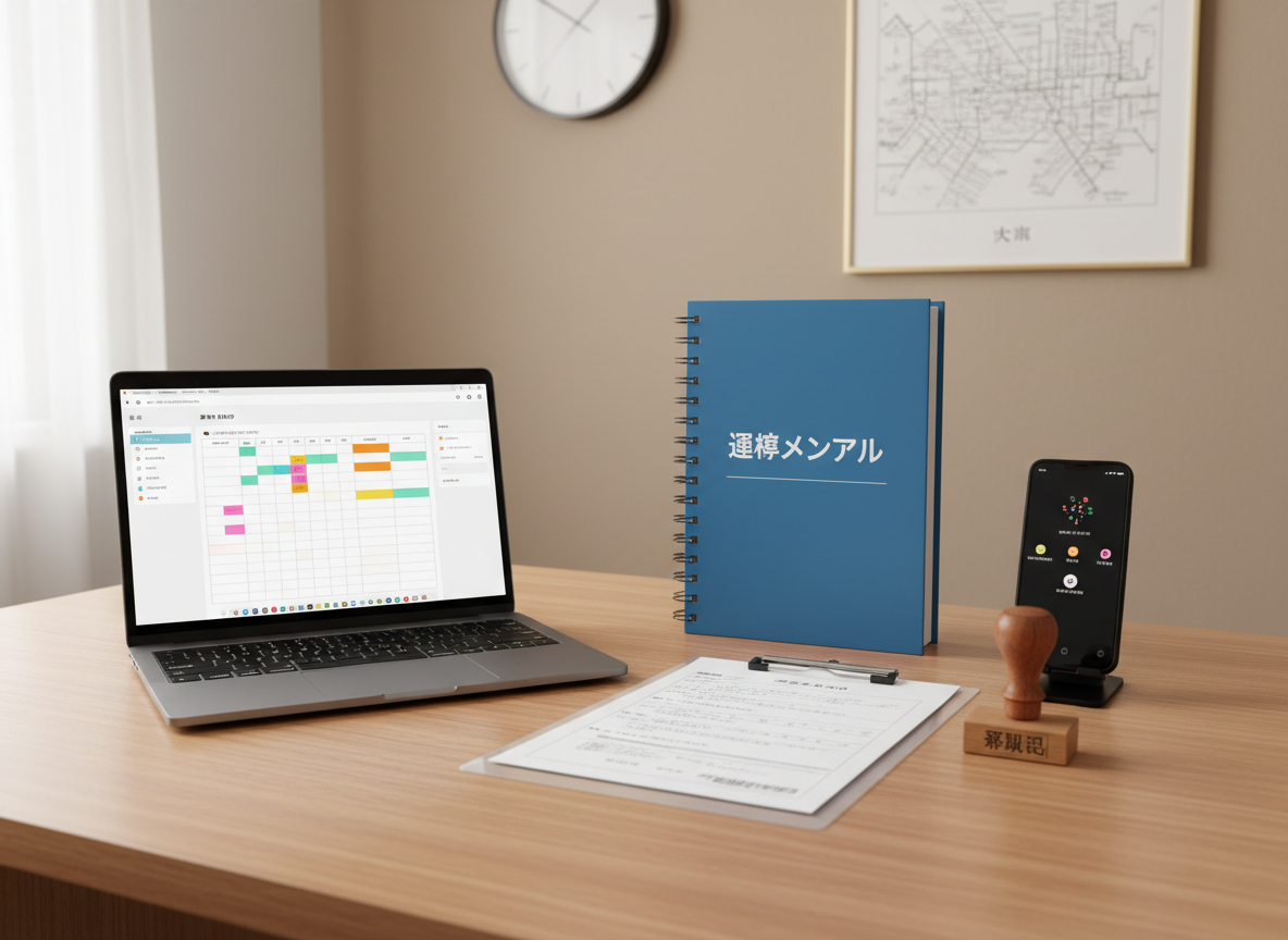 A clean, organized home-sharing control center desk featuring an open laptop displaying a reservation calendar and property management dashboard in Japanese, beside a neatly stacked clipboard with printed permit documents and a rubber stamp, a bound operations manual, and a smartphone docked upright with notification icons glowing. The desk surface is smooth light wood against a neutral wall with a minimalist wall clock and a subtle framed map of Osaka. Soft, diffused daylight from an unseen window to the left creates mild side lighting and minimal shadows. Captured from a slightly elevated angle with sharp focus throughout, the mood is professional, reliable, and efficient, emphasizing administrative support and permit application services in a realistic photographic style.